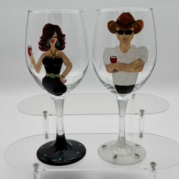 2 Hand Painted Wine Glasses Signed Vikki 2011 Cowboy Lady Groom Bride Wedding - Picture 1 of 10